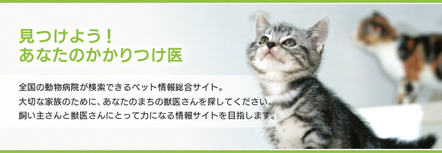  見つけよう！あなたのかかりつけ医　全国の動物病院が検索できるペット情報総合サイト。大切な家族のために、あなたのまちの獣医さんを探してください。飼い主さんと獣医さんにとって力になる情報サイトを目指します。